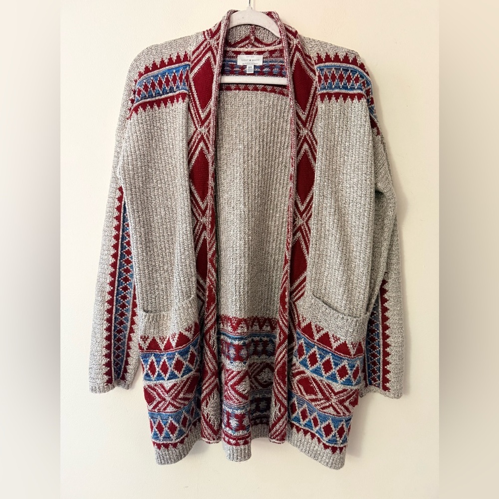Lucky Brand Red and Blue Patterned Cardigan, size M Aztec Inspired Design